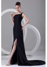 Column One Shoulder Black Ruching Slit Prom Dress with Brush Train