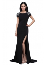 Black Scoop Cap Sleeves High Slit Brush Train Beading Prom Dresses