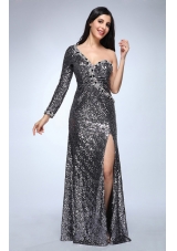 Silver One Shoulder Long Sleeve High Slit Sequins Prom Celebrity Dress