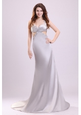 Column Straps Beading Satin Brush Train Gray Prom Dress Open Back