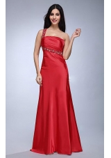 Formal One Shoulder Red Evening Dress with Beading Decorate