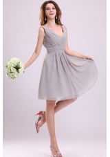 Chiffon Knee-length Empire Gray V-neck Ruching Prom Pageant Dress