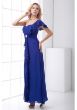 Royal One Shoulder Prom Dress with Beading and Floral Sleeves