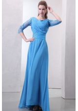 Empire Scoop Appliques with Beading Blue Prom Dress with Sleeves