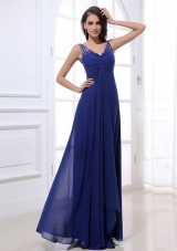 Royal Blue Empire V Neck Chiffon Prom Dress with Beading