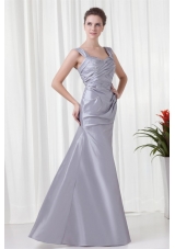 Grey Column Straps Taffeta Beading and Ruching Prom Pageant Dress