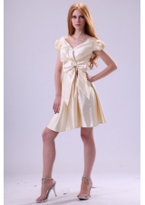 Light Yellow V-neck Cap Sleeves Bow Ruching Prom Homecoming Dress