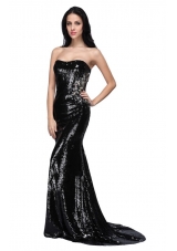 2014 Mermaid Black Strapless Sequins Brush Train Prom Pageant Dress