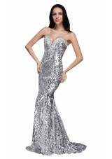 Mermaid Silver Sequins Sweetheart Beading Brush Train Prom Dress