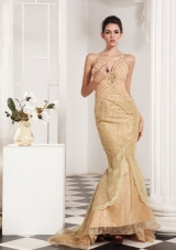 Champagne Mermaid Style Lace and Beading Decorate Prom Dress