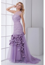 Lilac One Shoulder Prom Dress with Ruches and Hand Made Flower