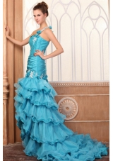 One Shoulder Appliques and Ruffles Layered Prom Dress with Flowers