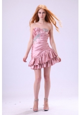 Asymmetrical Pink Short Senior Prom Dress with Ruches and Beading