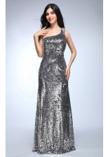 Sheath Silver One Shoulder Sequins Beading Floor-length Prom Dresses