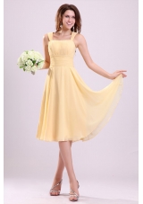 Simple Yellow A Line Tea Length Bridesmaid Dress with Straps