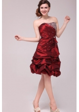 Burgundy Strapless Taffeta Prom Dress with Beading and Pick Ups