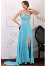 Sweetheart Aqua Blue Sequins Prom Dress with Chapel Train and Slit