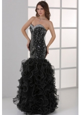 Sweetheart Black Mermaid Sequins Ruffles Prom Formal Dress Beaded