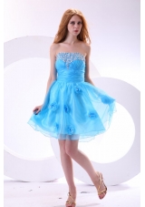 Aqua Blue Strapless Beading and Flowers Decorate Senior Prom Dress