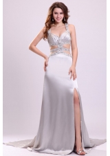 Sexy Silver Halter Evening Dress with Beading and Sexy Back