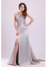 Silver Sweetheart Ruched Bodice Halter Prom Evening Dress with Slit