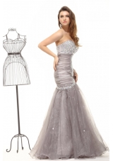 Mermaid Grey Prom Celebrity Dress with Beading and Ruches