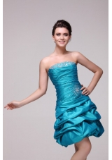 Pretty Blue Strapless Short Beading Taffeta Prom Dress