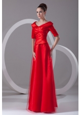 Bright Red V Neck Taffeta Half Sleeves Prom Dress with Ruches