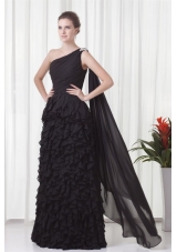 Black One Shoulder Ruffled Prom Party Dress with Watteau Train