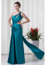 Teal One Shoulder Elastic Woven Satin Prom Dress with Cross Cross