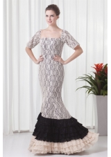 White and Black Lace Mermaid Prom Dress with Half Sleeves