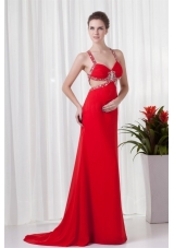 Red Column Straps Brush Train Prom Dress with Cross Cross