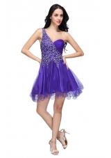 Most Sexy Purple One Shoulder Beading Tulle Prom Cocktail Dress