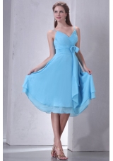 Aqua Blue Spaghetti Straps Knee-length Prom Dress with Sash