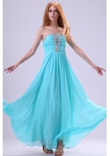 Aqua Blue Chiffon Strapless Empire Prom Dress with Beading