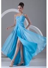 Chiffon Aqua Blue One Shoulder With Appliques Prom Dress