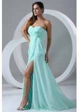 Aqua High Slit Sexy Prom Dress with Flowers and Ruching