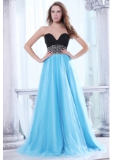 Black and Aqua Blue Prom Dress With Beading Decorated Waist