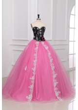 Black and Rose Pink Beading and Appliques Quinceanera Dress