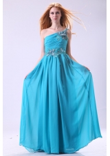 Blue Empire Appliques One Shoulder Beading Chiffon Prom Dress