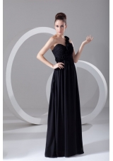 Simple Black Empire One Shoulder Prom Dress With Flowers