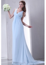 Discount Empire V-neck Light Blue Prom Dress with Ruching