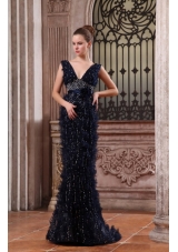 Column V-neck Navy Blue Brush Train Prom Dress with Sequins