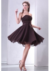 Elegant Strapless Short Brown Prom Gown with Sash and Ruching