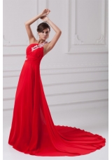 Elegant One Shoulder With Appliques Court Train Prom Dress