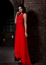 Bright Red V-neck Chiffon High Low Prom Dress with Flowers