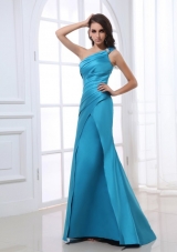 Blue Mermaid One Shoulder Ruching Beading Floor-length Prom Dress