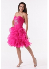 Hot Pink Princess Ruffles Beading Ruching Knee-length Cocktail Dress