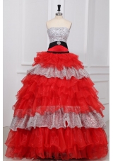 Red and White Strapless Beaded Decorate Organza Quinceanera Dress