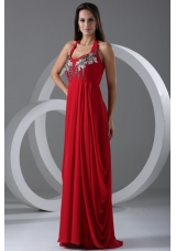 Graceful Red Empire Halter Top Prom Dress with Beading